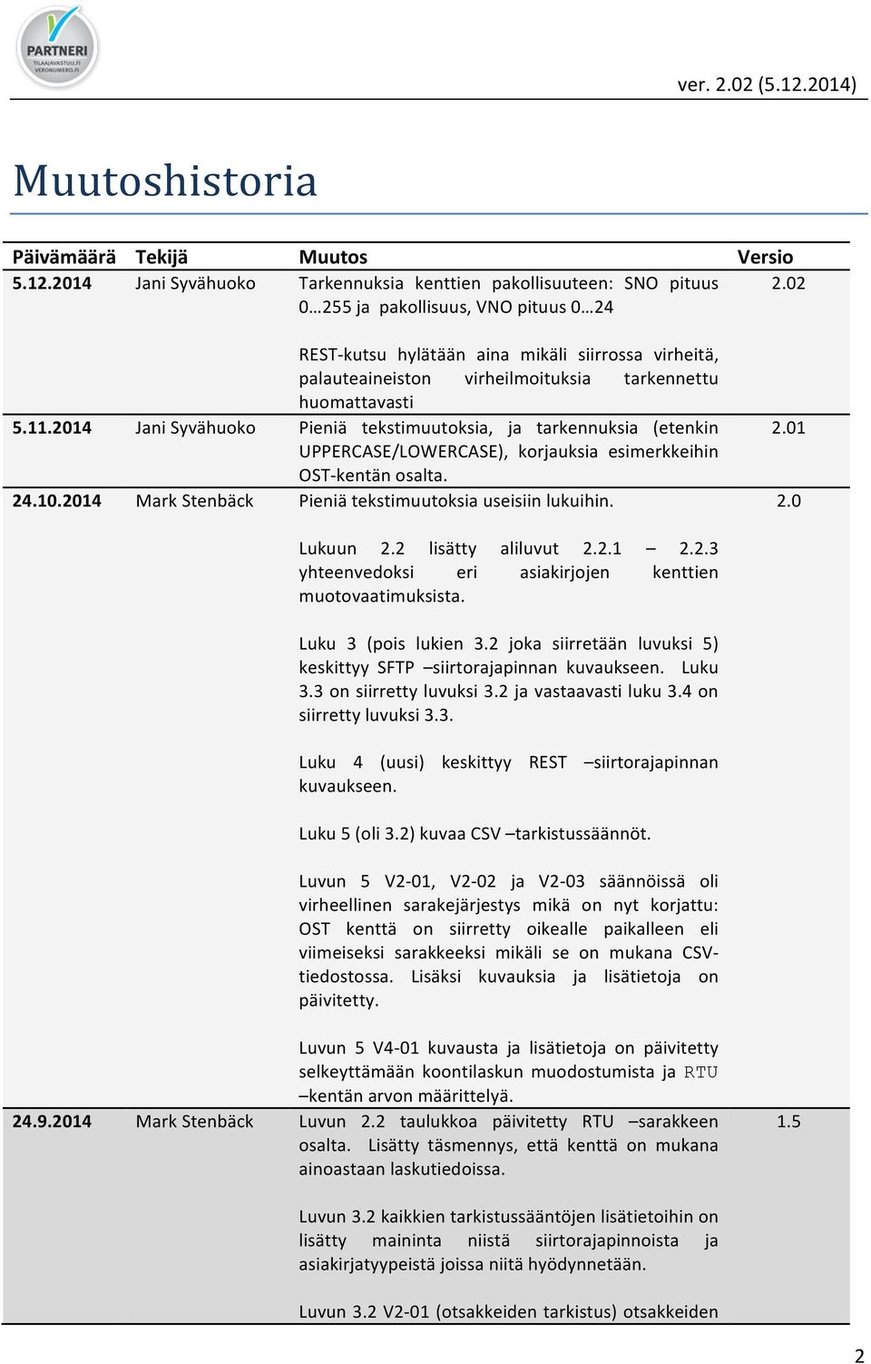 2014 Jani Syvähuoko Pieniä tekstimuutoksia, ja tarkennuksia (etenkin UPPERCASE/LOWERCASE), korjauksia esimerkkeihin OST- kentän osalta. 24.10.