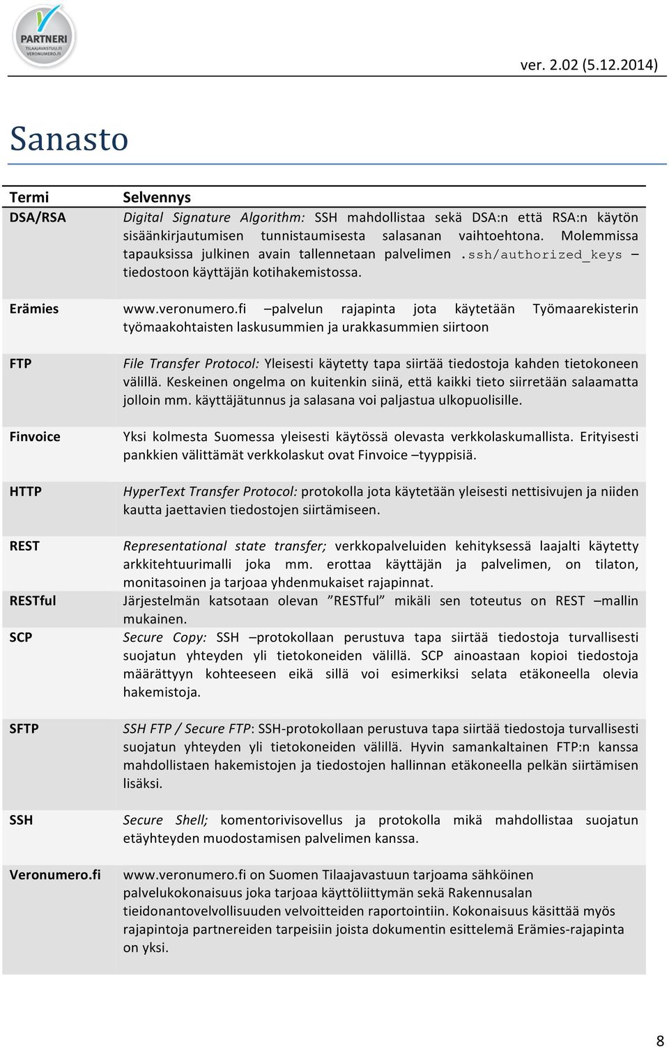 fi palvelun rajapinta jota käytetään Työmaarekisterin työmaakohtaisten laskusummien ja urakkasummien siirtoon FTP Finvoice HTTP REST RESTful SCP SFTP SSH Veronumero.