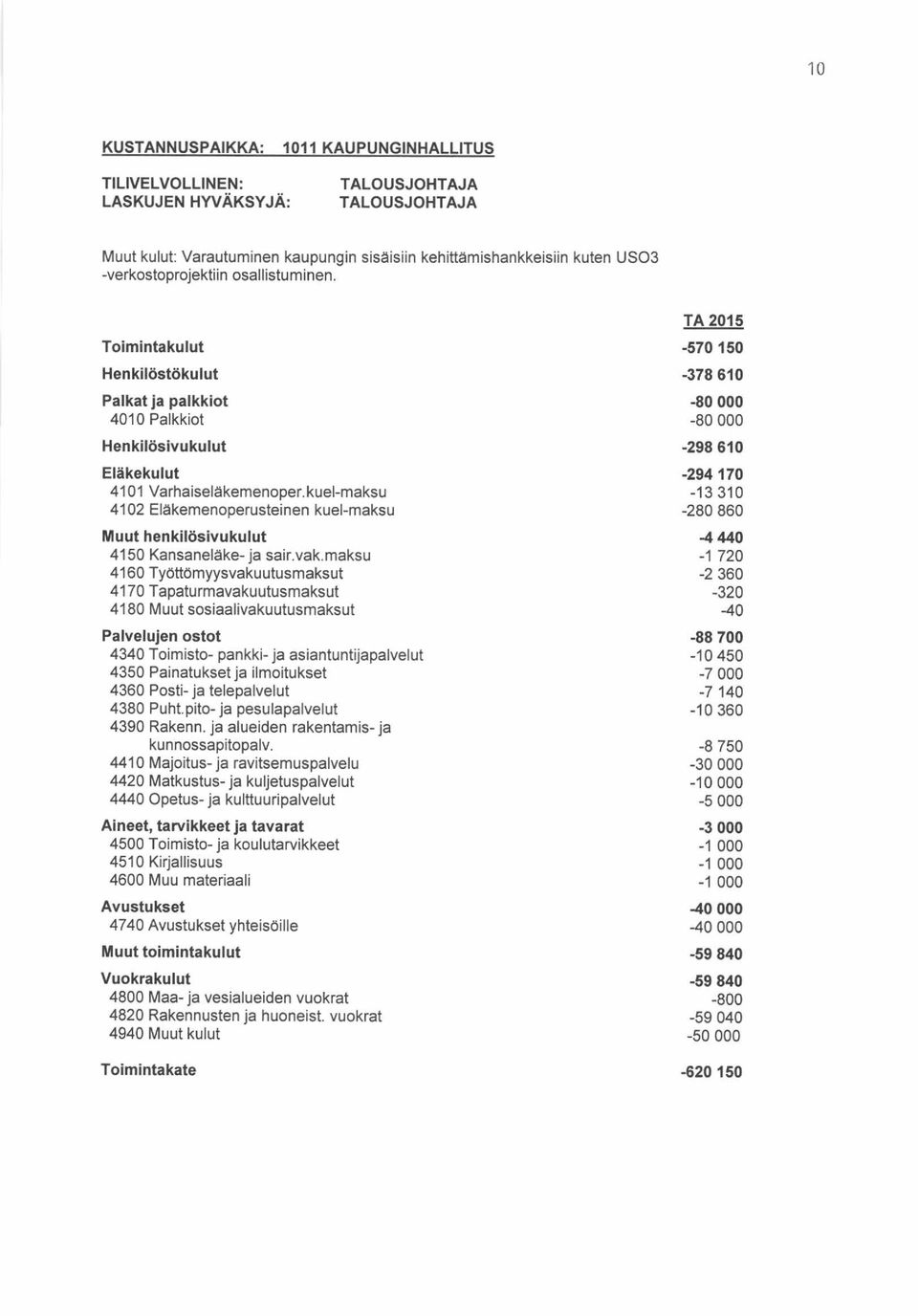 kuel-maksu 4102 Eläkemenoperusteinen kuel-maksu Muut henkilösivukulut 4150 Kansaneläke- ja sair.vak.