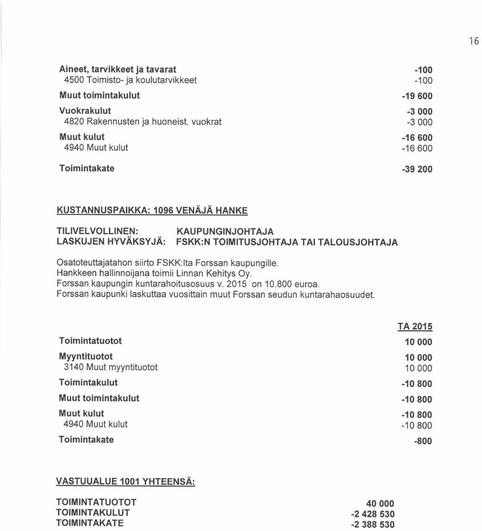 TALOUSJOHTAJA Osatoteuttajatahon siirto FSKK:lta Forssan kaupungille. Hankkeen hallinnoijana toimii Linnan Kehitys Oy. Forssan kaupungin kuntarahoitusosuus v. 2015 on 10.800 euroa.