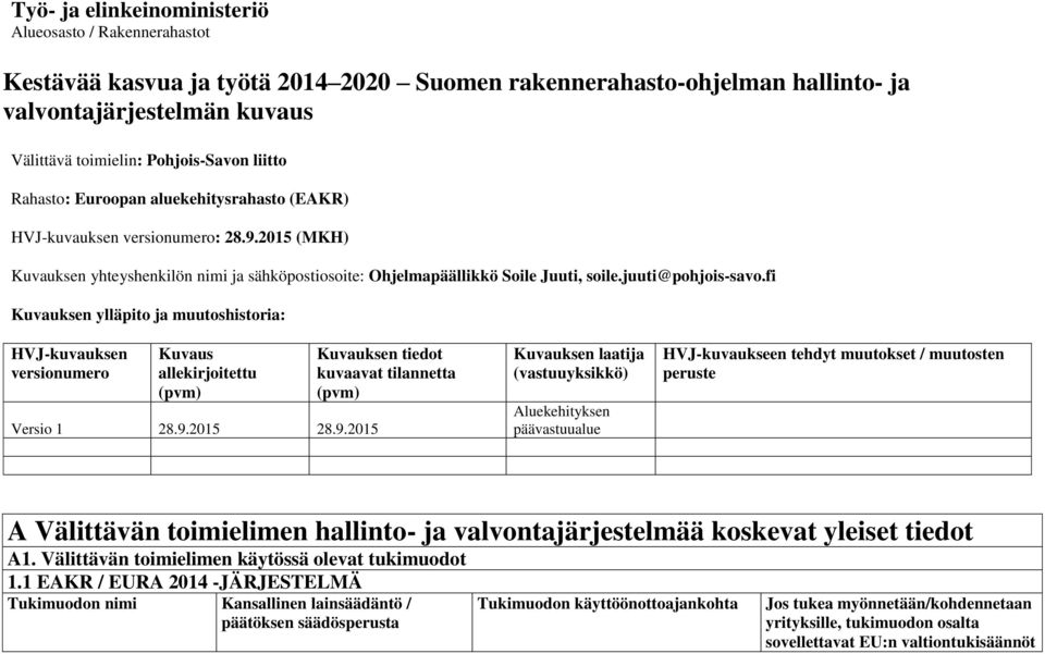 juuti@pohjois-savo.fi Kuvauksen ylläpito ja muutoshistoria: HVJ-kuvauksen versionumero Kuvaus allekirjoitettu (pvm) Versio 1 28.9.