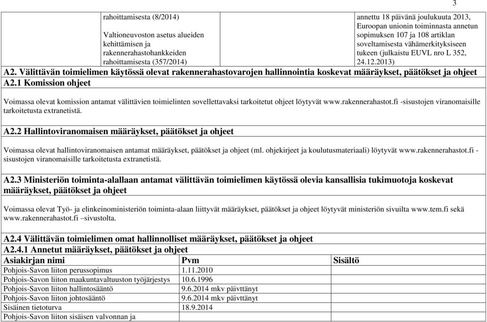 Välittävän toimielimen käytössä olevat rakennerahastovarojen hallinnointia koskevat määräykset, päätökset ja ohjeet A2.