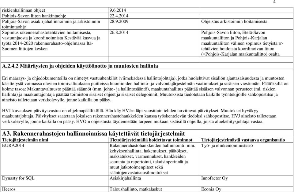 2009 Ohjeistus arkistoinnin hoitamisesta toimintaohje Sopimus rakennerahastotehtävien hoitamisesta, vastuunjaosta ja koordinoinnista Kestävää kasvua ja työtä 2014-2020 rakennerahasto-ohjelmassa Itä-