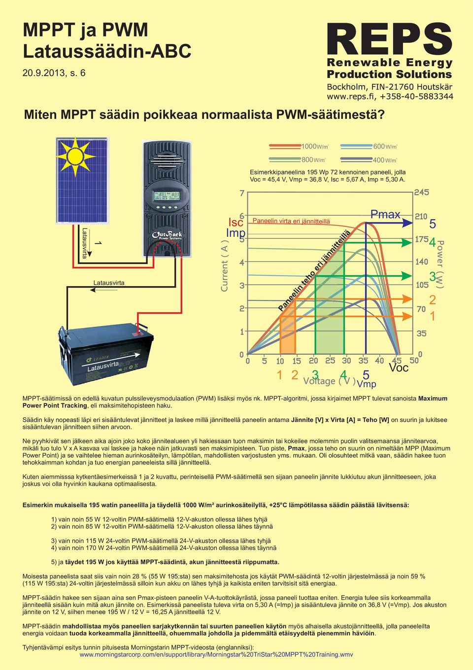 Isc Imp Paneelin virta eri jännitteillä Paneelin teho eri jännitteillä Pmax 5 4 1 1 4 5 MPPT-säätimissä on edellä kuvatun pulssileveysmodulaation (PWM) lisäksi myös nk.