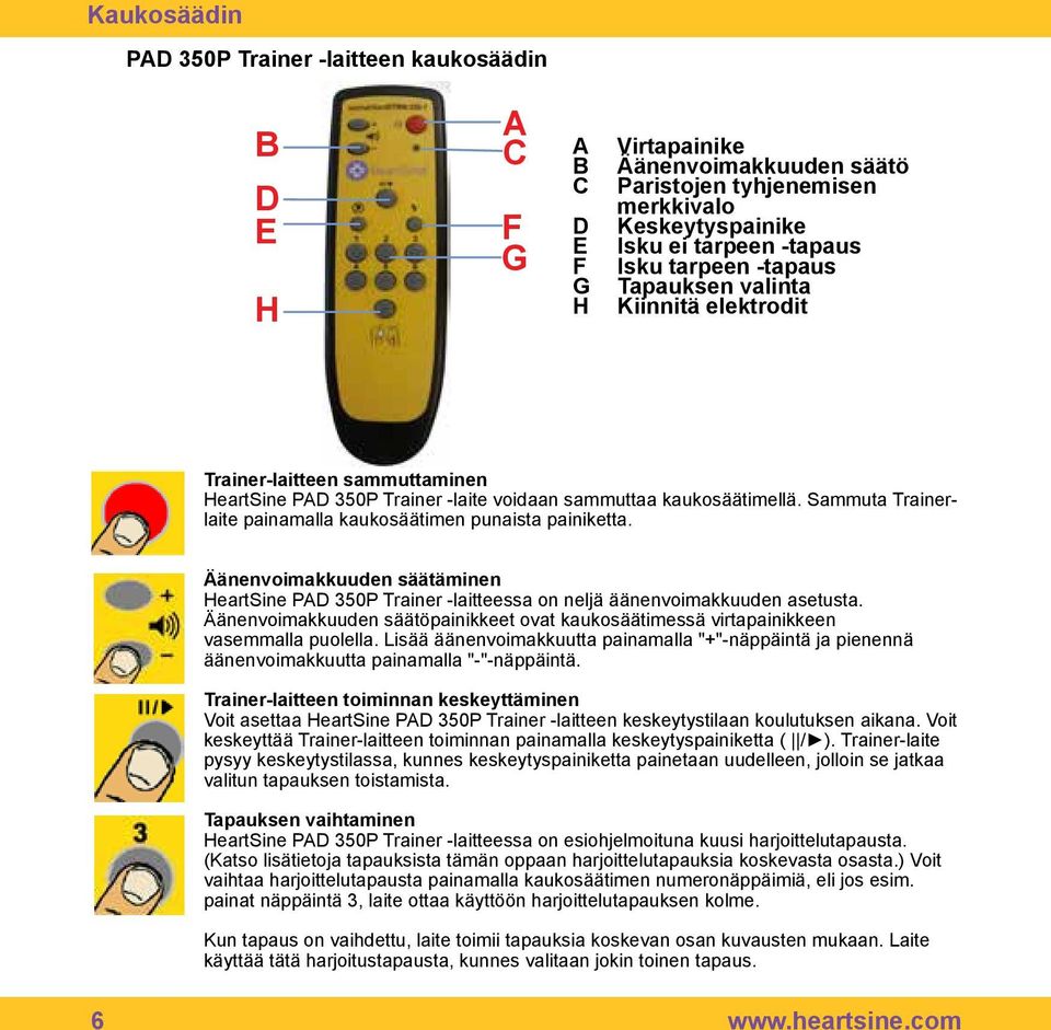 Sammuta Trainerlaite painamalla kaukosäätimen punaista painiketta. Äänenvoimakkuuden säätäminen HeartSine PAD 350P Trainer -laitteessa on neljä äänenvoimakkuuden asetusta.