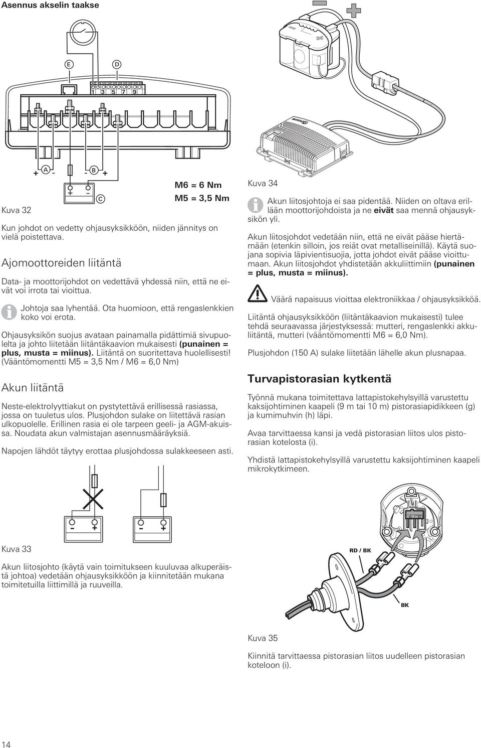 Ohjausyksikön suojus avataan painamalla pidättimiä sivupuolelta ja johto liitetään liitäntäkaavion mukaisesti (punainen = plus, musta = miinus). Liitäntä on suoritettava huolellisesti!