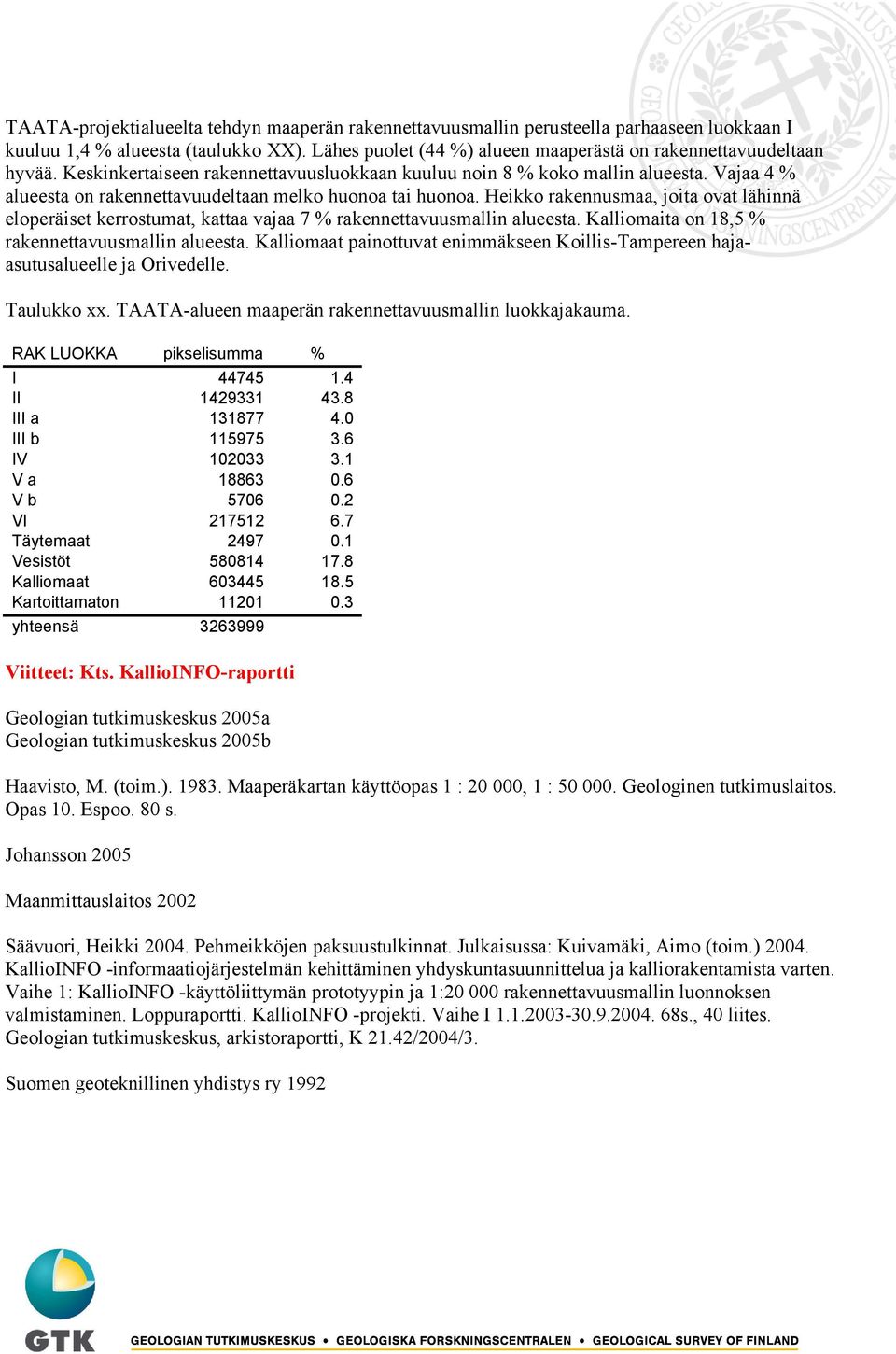 Heikko rakennusmaa, joita ovat lähinnä eloperäiset kerrostumat, kattaa vajaa 7 % rakennettavuusmallin alueesta. Kalliomaita on 18,5 % rakennettavuusmallin alueesta.