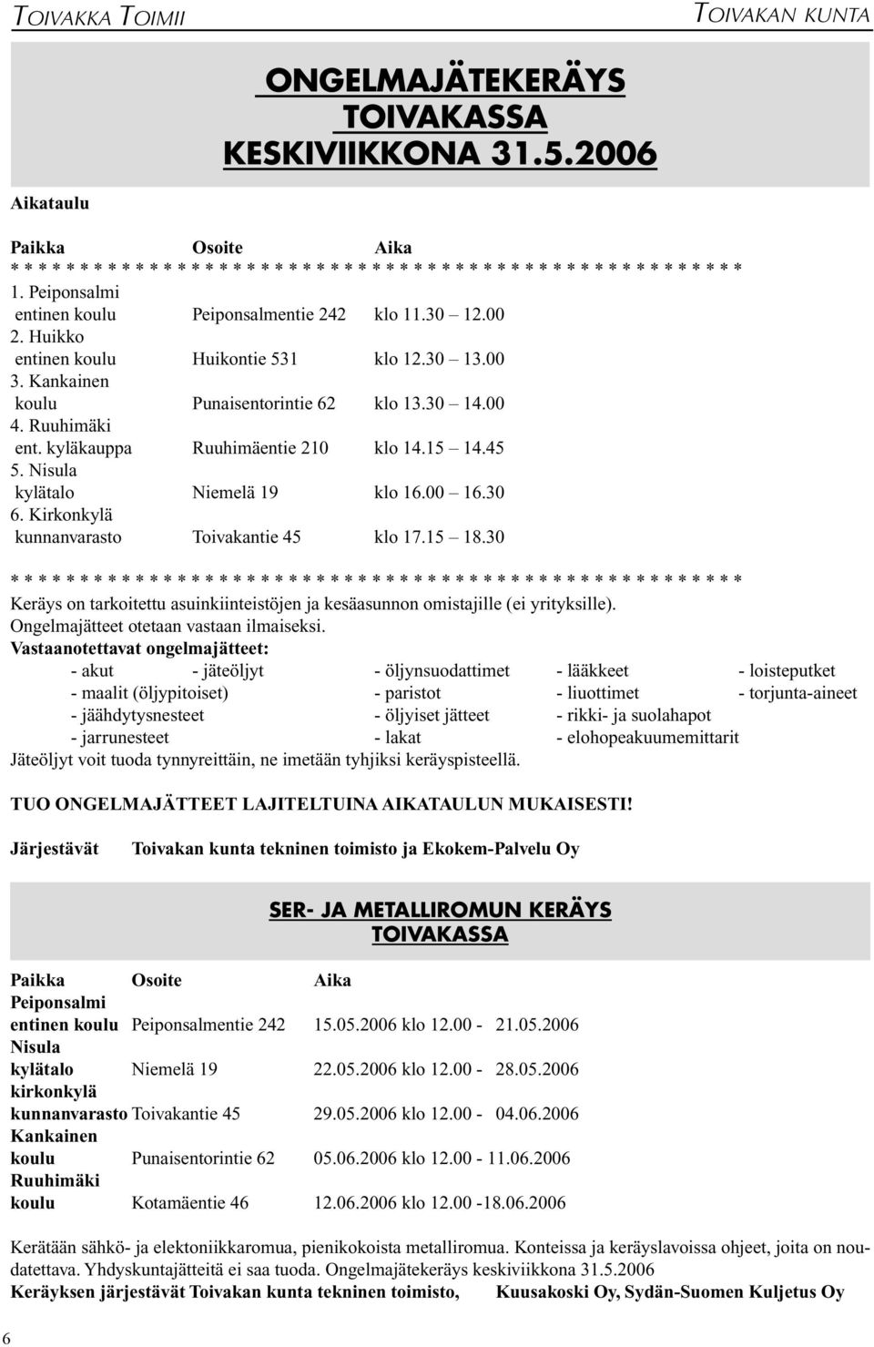 30 12.00 2. Huikko entinen koulu Huikontie 531 klo 12.30 13.00 3. Kankainen koulu Punaisentorintie 62 klo 13.30 14.00 4. Ruuhimäki ent. kyläkauppa Ruuhimäentie 210 klo 14.15 14.45 5.