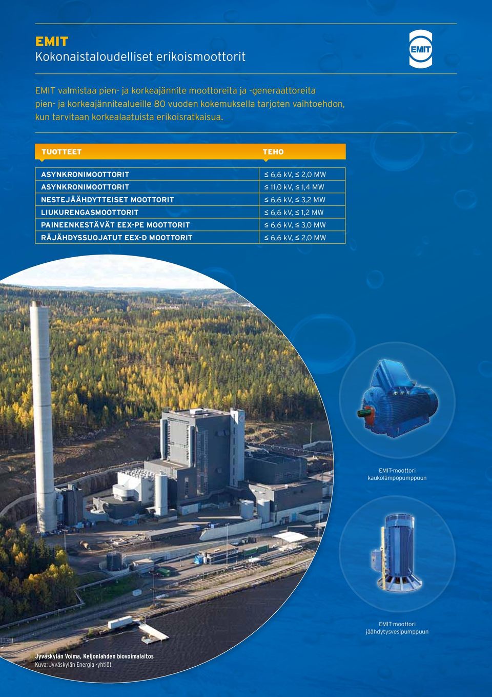 Asynkronimoottorit 6,6 kv, 2,0 MW Asynkronimoottorit 11,0 kv, 1,4 MW Nestejäähdytteiset moottorit 6,6 kv, 3,2 MW Liukurengasmoottorit 6,6 kv, 1,2 MW