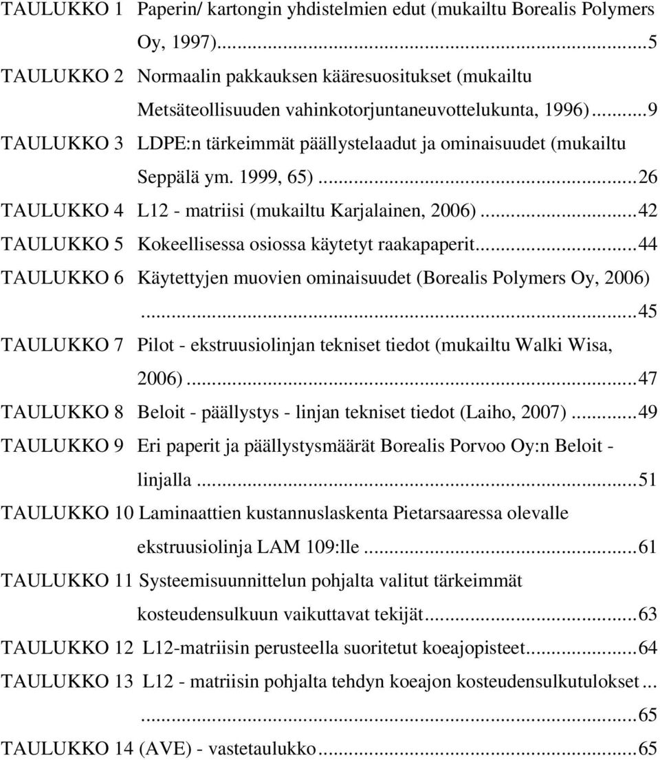 ..9 TAULUKKO 3 LDPE:n tärkeimmät päällystelaadut ja ominaisuudet (mukailtu Seppälä ym. 1999, 65)...26 TAULUKKO 4 L12 - matriisi (mukailtu Karjalainen, 2006).