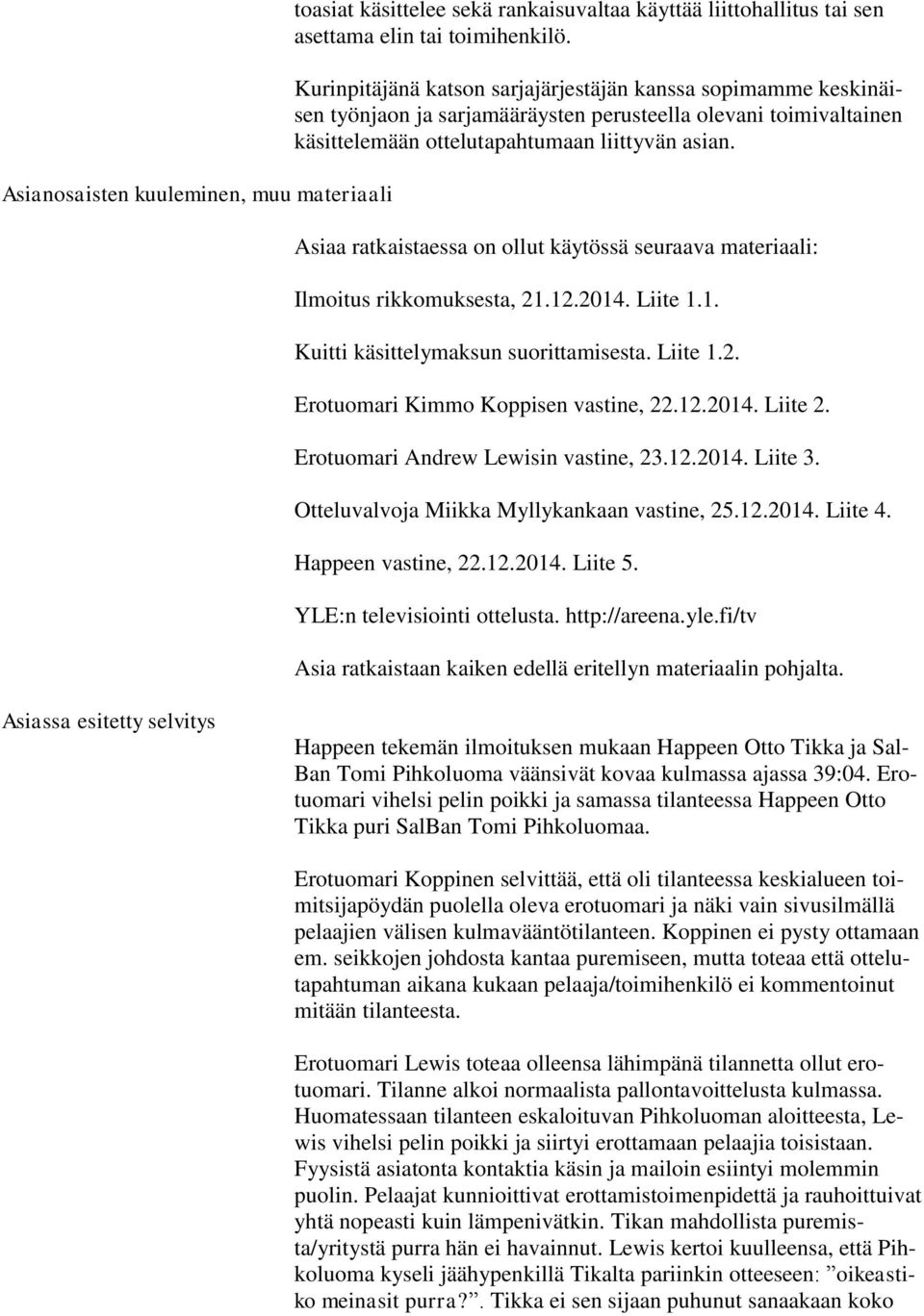 Asiaa ratkaistaessa on ollut käytössä seuraava materiaali: Ilmoitus rikkomuksesta, 21.12.2014. Liite 1.1. Kuitti käsittelymaksun suorittamisesta. Liite 1.2. Erotuomari Kimmo Koppisen vastine, 22.12.2014. Liite 2.