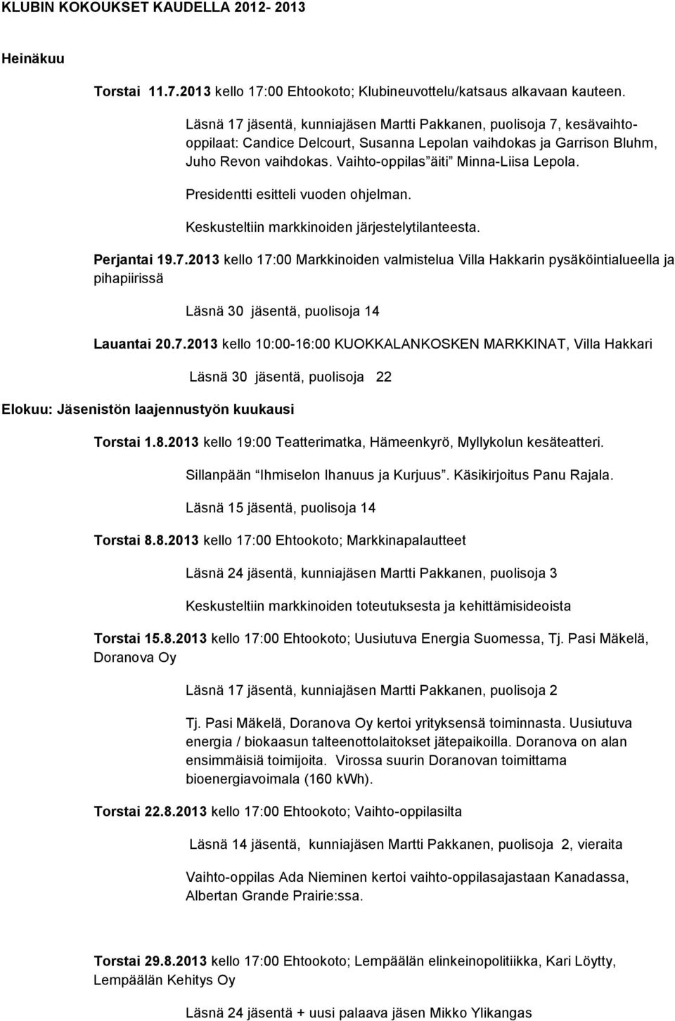 Vaihto-oppilas äiti Minna-Liisa Lepola. Presidentti esitteli vuoden ohjelman. Keskusteltiin markkinoiden järjestelytilanteesta. Perjantai 19.7.