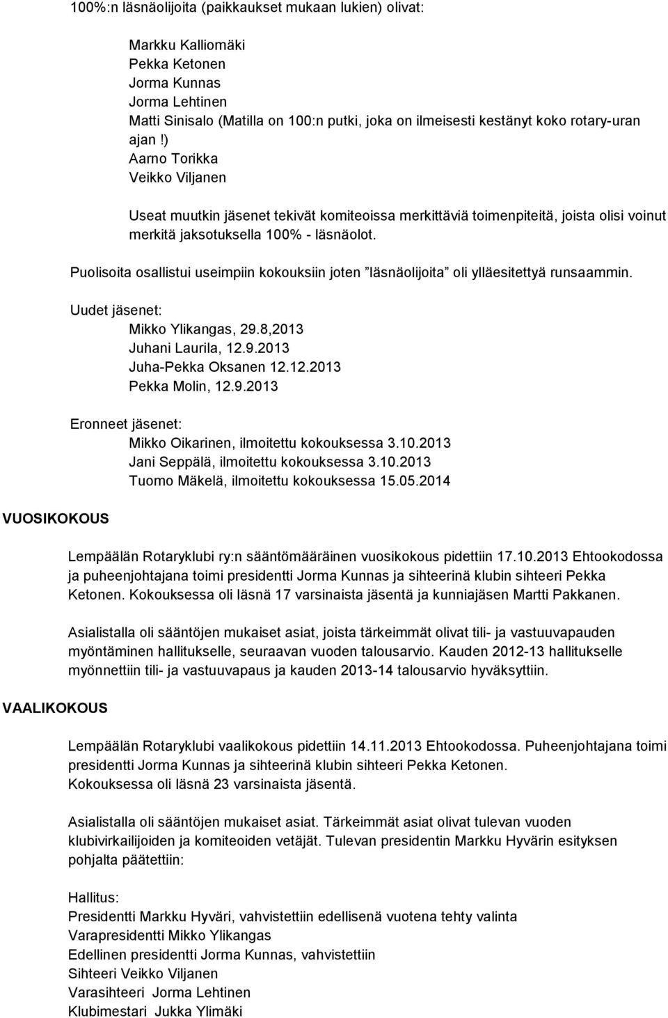 Puolisoita osallistui useimpiin kokouksiin joten läsnäolijoita oli ylläesitettyä runsaammin. Uudet jäsenet: Mikko Ylikangas, 29.8,2013 Juhani Laurila, 12.9.2013 Juha-Pekka Oksanen 12.12.2013 Pekka Molin, 12.