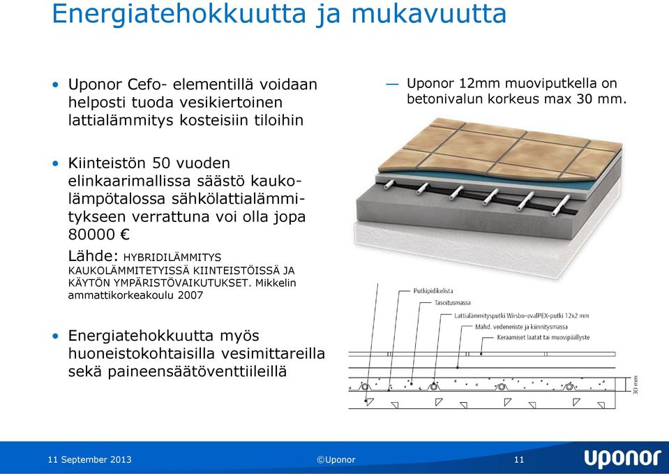 Kiinteistön 50 vuoden elinkaarimallissa säästö kaukolämpötalossa sähkölattialämmitykseen verrattuna voi olla jopa 80000 Lähde: