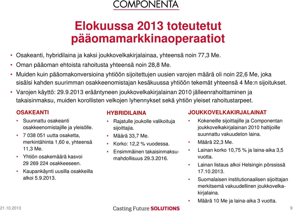 Varojen käyttö: 29.9.2013 erääntyneen joukkovelkakirjalainan 2010 jälleenrahoittaminen ja takaisinmaksu, muiden korollisten velkojen lyhennykset sekä yhtiön yleiset rahoitustarpeet.