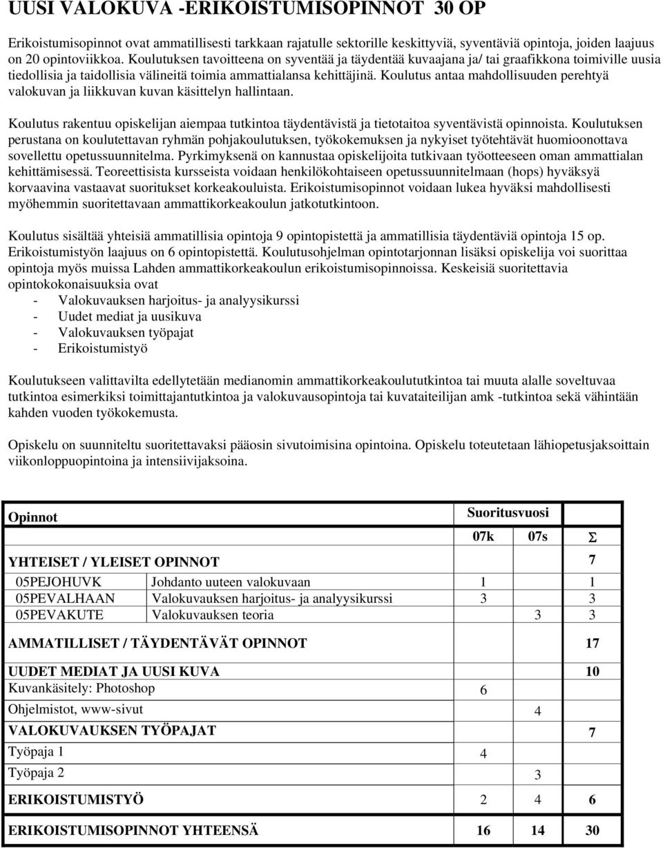 Koulutus antaa mahdollisuuden perehtyä valokuvan ja liikkuvan kuvan käsittelyn hallintaan. Koulutus rakentuu opiskelijan aiempaa tutkintoa täydentävistä ja tietotaitoa syventävistä opinnoista.