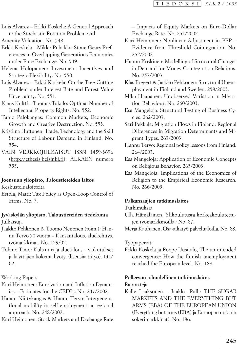 Luis Alvarez Erkki Koskela: On the Tree-Cutting Problem under Interest Rate and Forest Value Uncertainty. No. 551. Klaus Kultti Tuomas Takalo: Optimal Number of Intellectual Property Rights. No. 552.