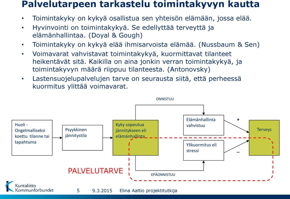 Kaikilla on aina jonkin verran toimintakykyä, ja toimintakyvyn määrä riippuu tilanteesta. (Antonovsky) Lastensuojelupalvelujen tarve on seurausta siitä, että perheessä kuormitus ylittää voimavarat.