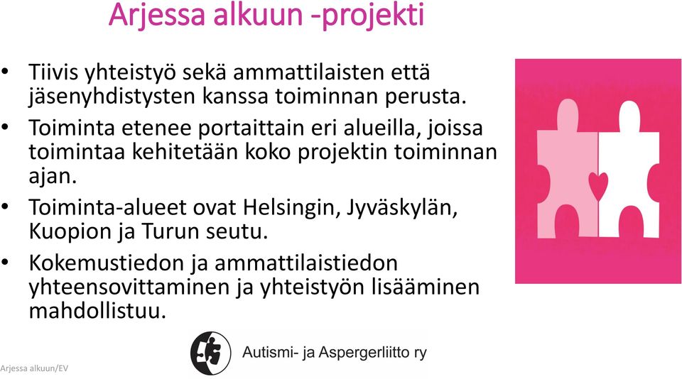 Toiminta etenee portaittain eri alueilla, joissa toimintaa kehitetään koko projektin