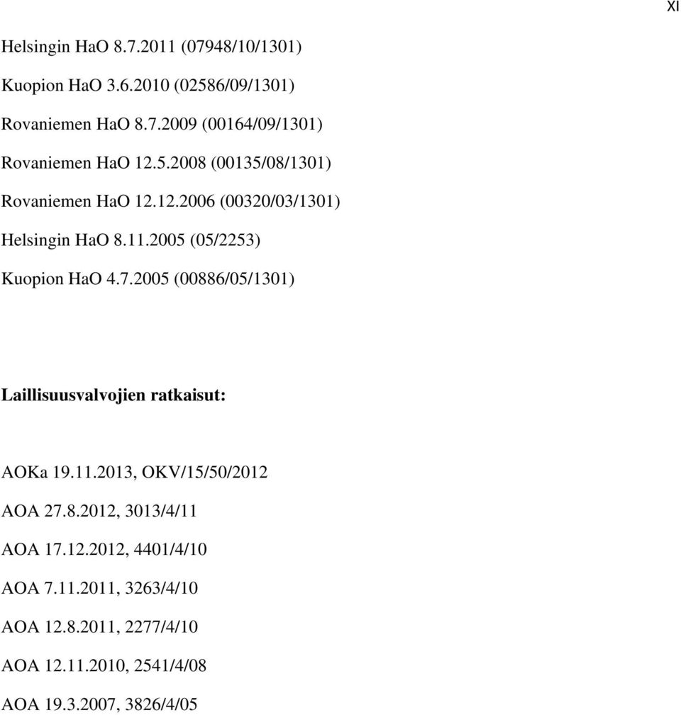 2005 (00886/05/1301) Laillisuusvalvojien ratkaisut: AOKa 19.11.2013, OKV/15/50/2012 AOA 27.8.2012, 3013/4/11 AOA 17.12.2012, 4401/4/10 AOA 7.