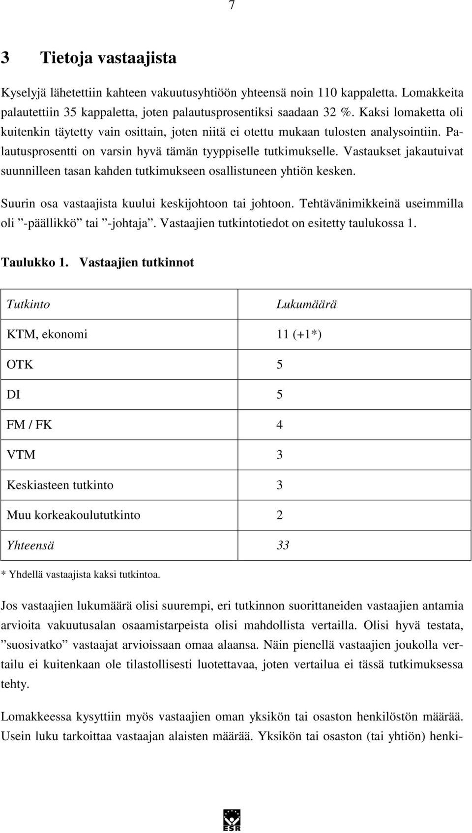 Vastaukset jakautuivat suunnilleen tasan kahden tutkimukseen osallistuneen yhtiön kesken. Suurin osa vastaajista kuului keskijohtoon tai johtoon.