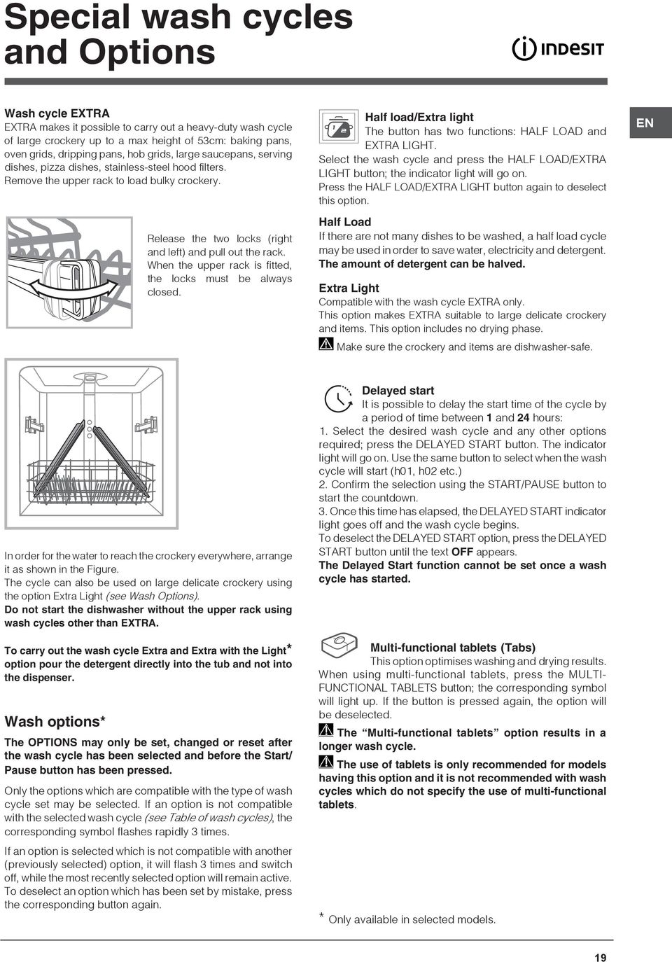 When the upper rack is fitted, the locks must be always closed. Half load/extra light The button has two functions: HALF LOAD and EXTRA LIGHT.