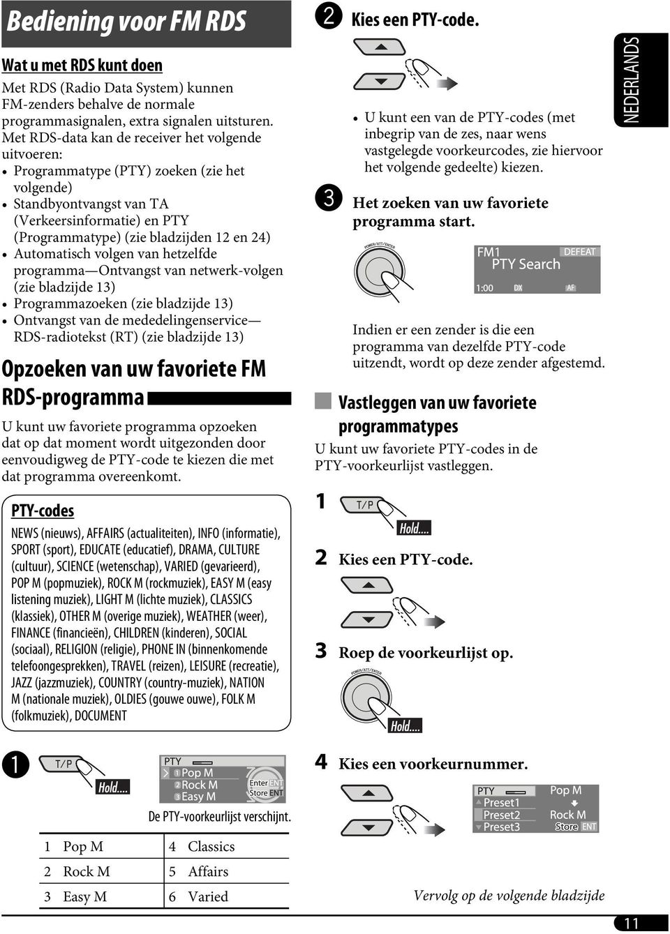 Automatisch volgen van hetzelfde programma Ontvangst van netwerk-volgen (zie bladzijde 13) Programmazoeken (zie bladzijde 13) Ontvangst van de mededelingenservice RDS-radiotekst (RT) (zie bladzijde