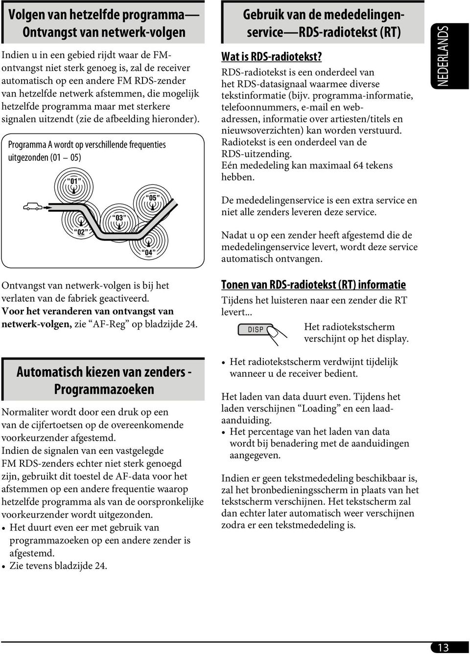 Programma A wordt op verschillende frequenties uitgezonden (01 05) Gebruik van de mededelingenservice RDS-radiotekst (RT) Wat is RDS-radiotekst?