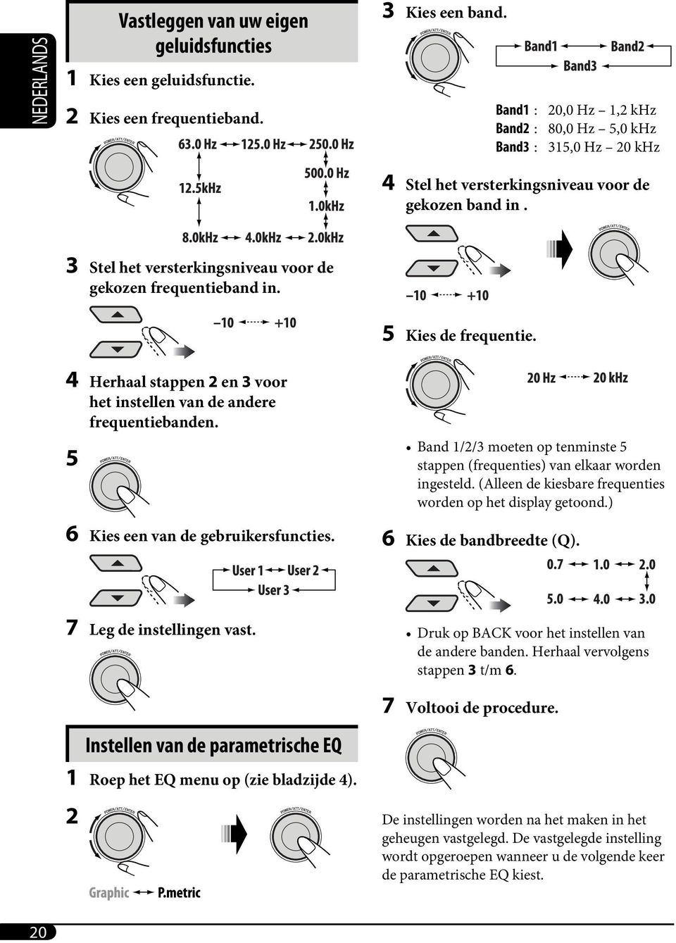 5 Kies de frequentie. 4 Herhaal stappen 2 en 3 voor het instellen van de andere frequentiebanden. 5 6 Kies een van de gebruikersfuncties.