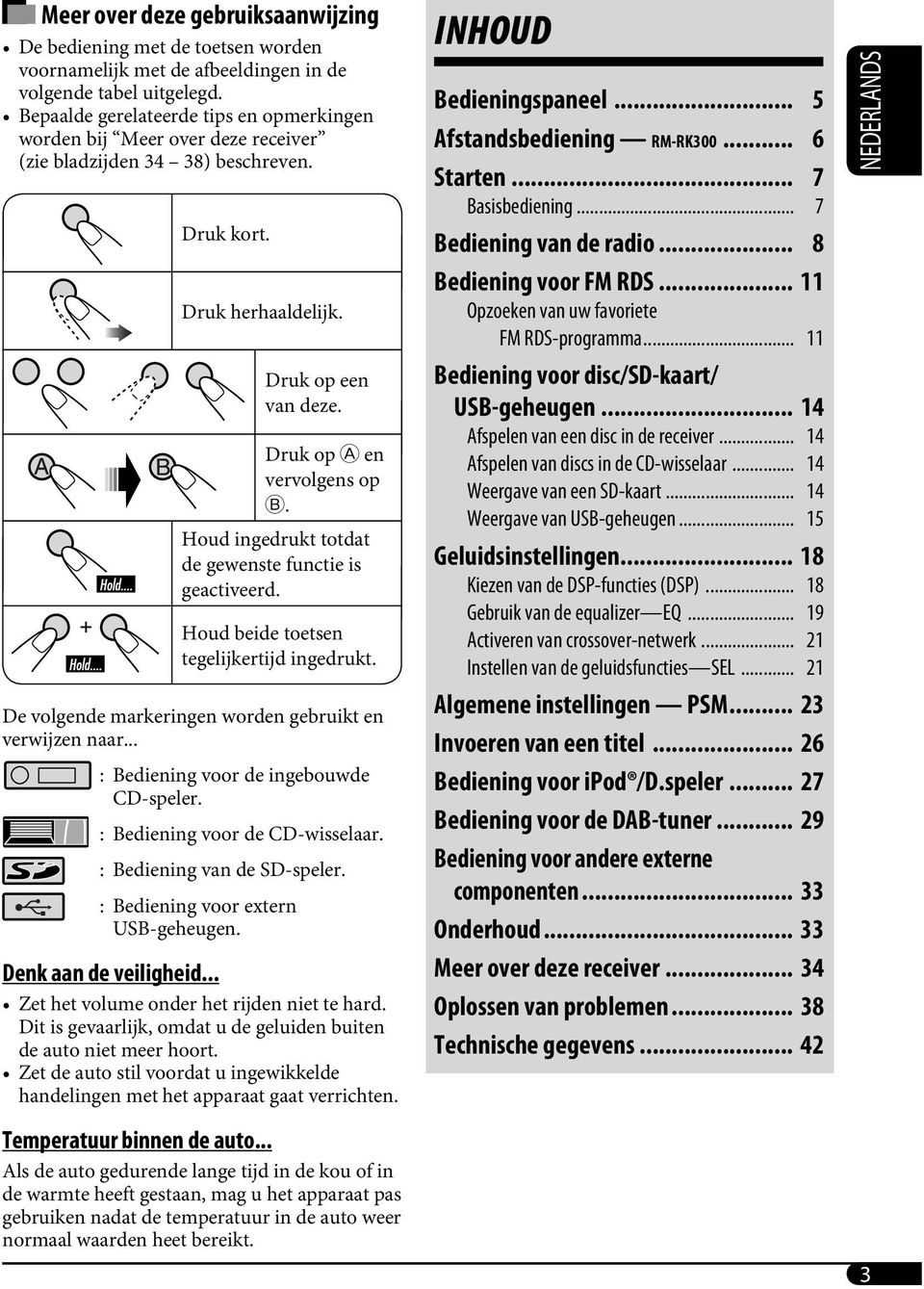 Houd ingedrukt totdat de gewenste functie is geactiveerd. Houd beide toetsen tegelijkertijd ingedrukt. De volgende markeringen worden gebruikt en verwijzen naar.