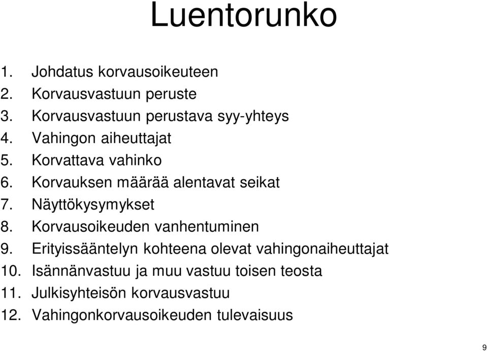 Korvauksen määrää alentavat seikat 7. Näyttökysymykset 8. Korvausoikeuden vanhentuminen 9.