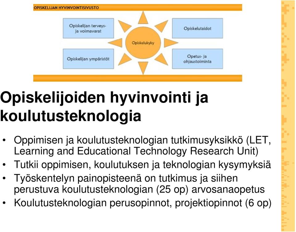 koulutuksen ja teknologian kysymyksiä Työskentelyn painopisteenä on tutkimus ja siihen