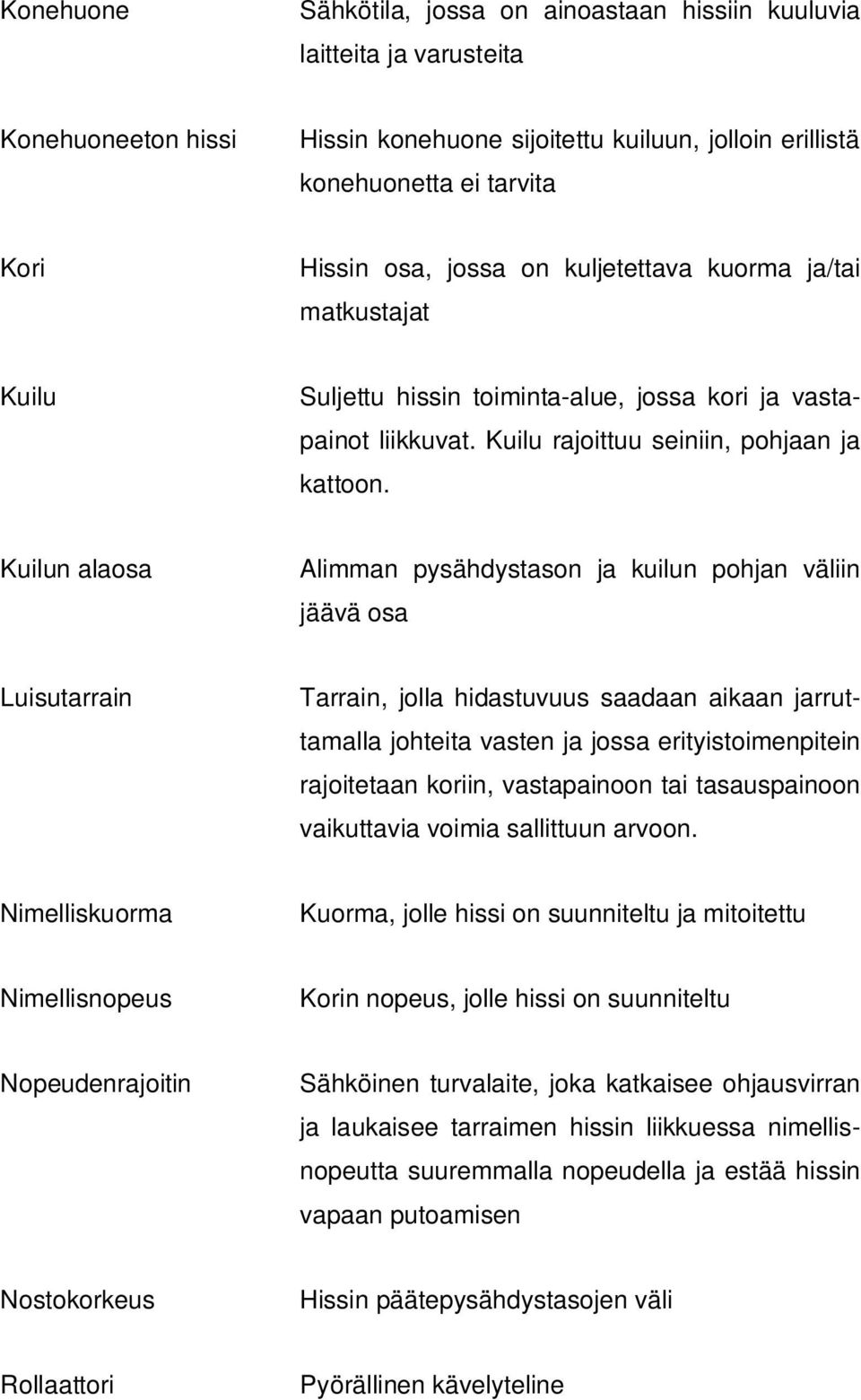 Kuilun alaosa Alimman pysähdystason ja kuilun pohjan väliin jäävä osa Luisutarrain Tarrain, jolla hidastuvuus saadaan aikaan jarruttamalla johteita vasten ja jossa erityistoimenpitein rajoitetaan