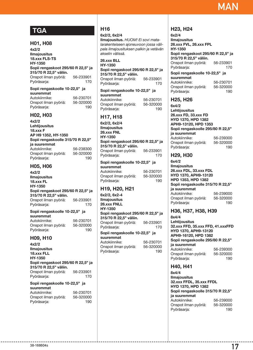xxx F AP H9 1352, HY-1350 Sopii rengaskoolle 315/70 R 22,5 ja suuremmat Autokiinnike: 56-238300 H05, H06 /2 18.xxx FL HY-1350 Sopii rengaskoot 295/60 R 22,5 ja 315/70 R 22,5 väliin.