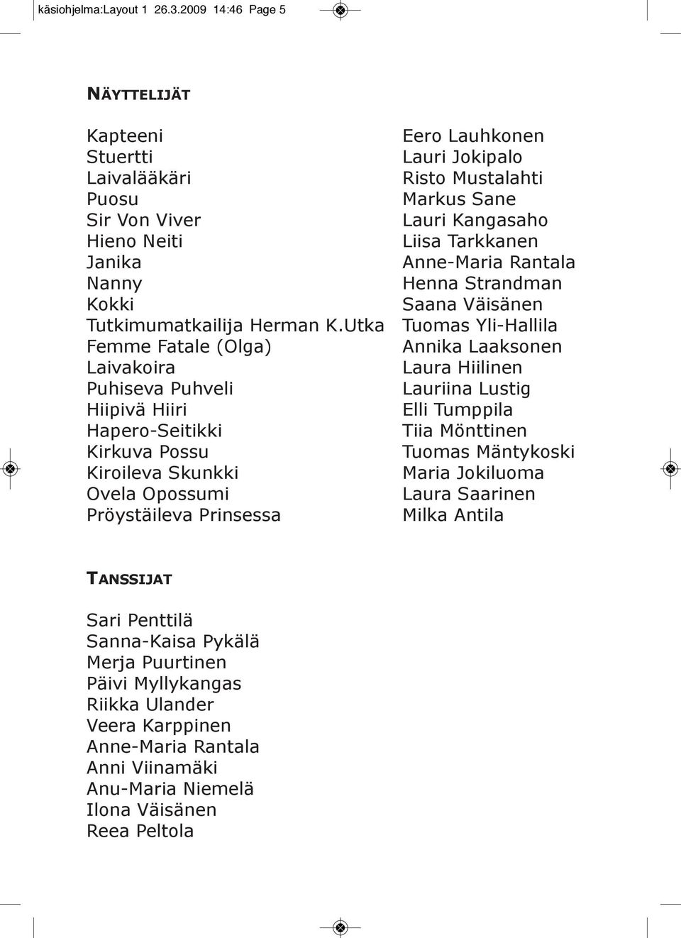Anne-Maria Rantala Nanny Henna Strandman Kokki Saana Väisänen Tutkimumatkailija Herman K.