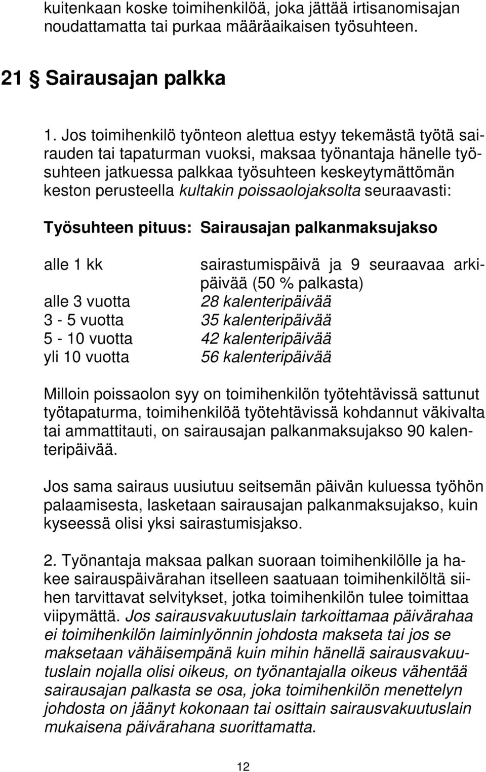 poissaolojaksolta seuraavasti: Työsuhteen pituus: Sairausajan palkanmaksujakso alle 1 kk sairastumispäivä ja 9 seuraavaa arkipäivää (50 % palkasta) alle 3 vuotta 28 kalenteripäivää 3-5 vuotta 35