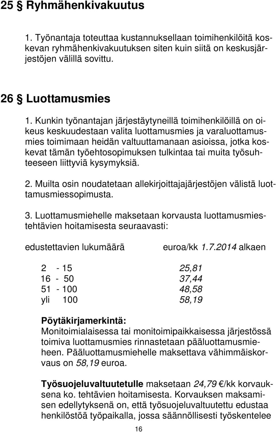 työehtosopimuksen tulkintaa tai muita työsuhteeseen liittyviä kysymyksiä. 2. Muilta osin noudatetaan allekirjoittajajärjestöjen välistä luottamusmiessopimusta. 3.