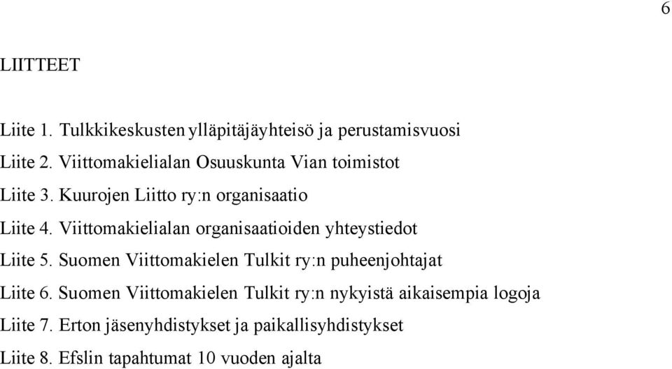 Viittomakielialan organisaatioiden yhteystiedot Liite 5. Suomen Viittomakielen Tulkit ry:n puheenjohtajat Liite 6.