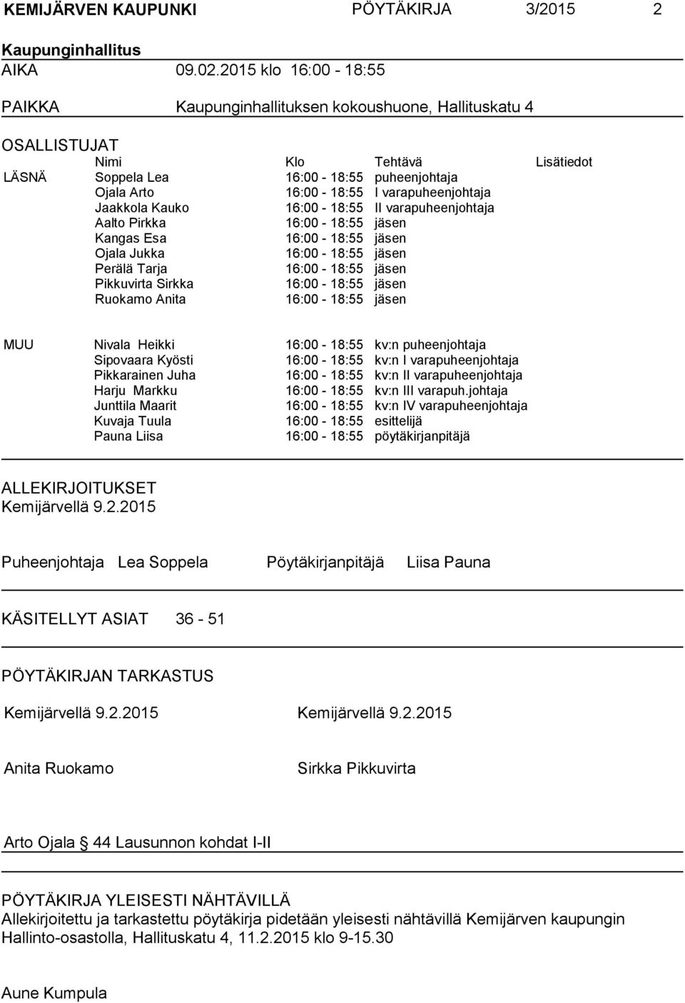 varapuheenjohtaja Jaakkola Kauko 16:00-18:55 II varapuheenjohtaja Aalto Pirkka 16:00-18:55 jäsen Kangas Esa 16:00-18:55 jäsen Ojala Jukka 16:00-18:55 jäsen Perälä Tarja 16:00-18:55 jäsen Pikkuvirta