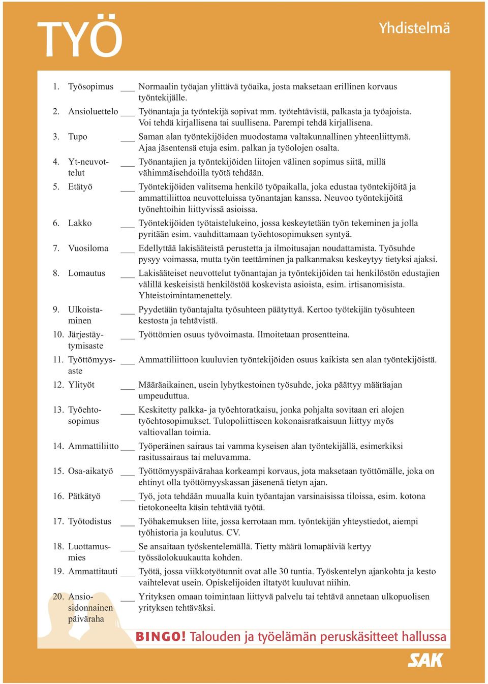 Ajaa jäsentensä etuja esim. palkan ja työolojen osalta. 4. Yt-neuvot- Työnantajien ja työntekijöiden liitojen välinen sopimus siitä, millä telut vähimmäisehdoilla työtä tehdään. 5.