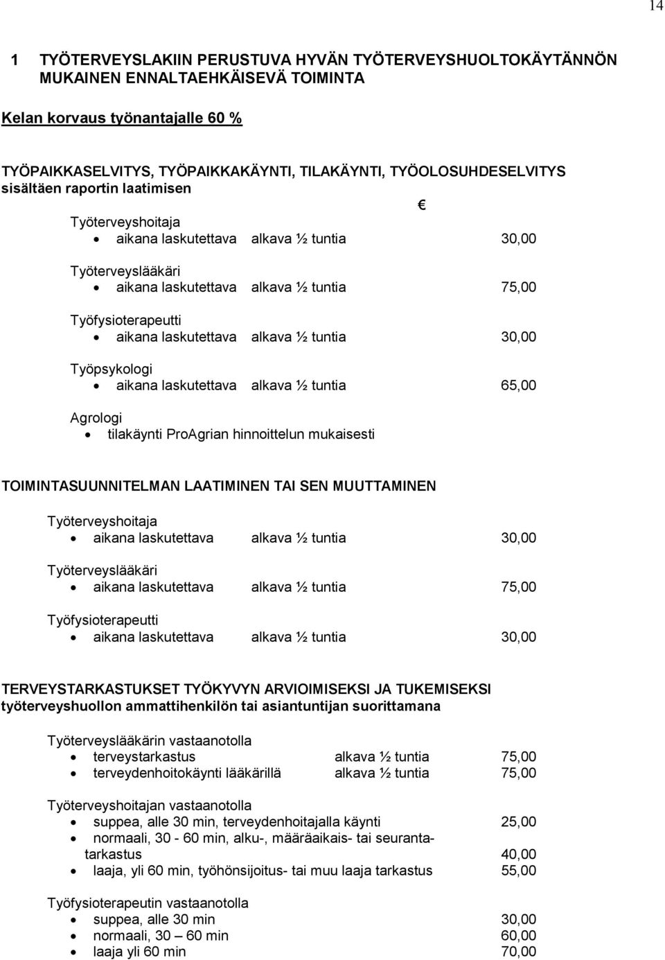 tuntia 30,00 Työpsykologi aikana laskutettava alkava ½ tuntia 65,00 Agrologi tilakäynti ProAgrian hinnoittelun mukaisesti TOIMINTASUUNNITELMAN LAATIMINEN TAI SEN MUUTTAMINEN Työterveyshoitaja aikana