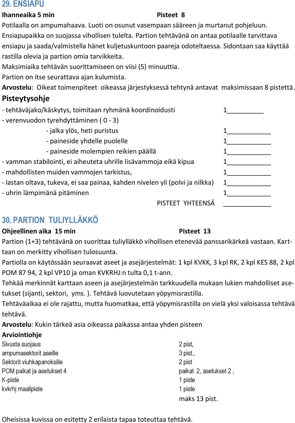 Maksimiaika tehtävän suorittamiseen on viisi (5) minuuttia. Partion on itse seurattava ajan kulumista. Arvostelu: Oikeat toimenpiteet oikeassa järjestyksessä tehtynä antavat maksimissaan 8 pistettä.