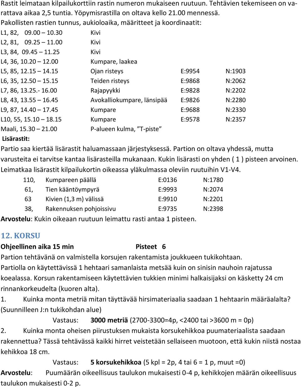 15 Ojan risteys E:9954 N:1903 L6, 35, 12.50 15.15 Teiden risteys E:9868 N:2062 L7, 86, 13.25.- 16.00 Rajapyykki E:9828 N:2202 L8, 43, 13.55 16.45 Avokalliokumpare, länsipää E:9826 N:2280 L9, 87, 14.