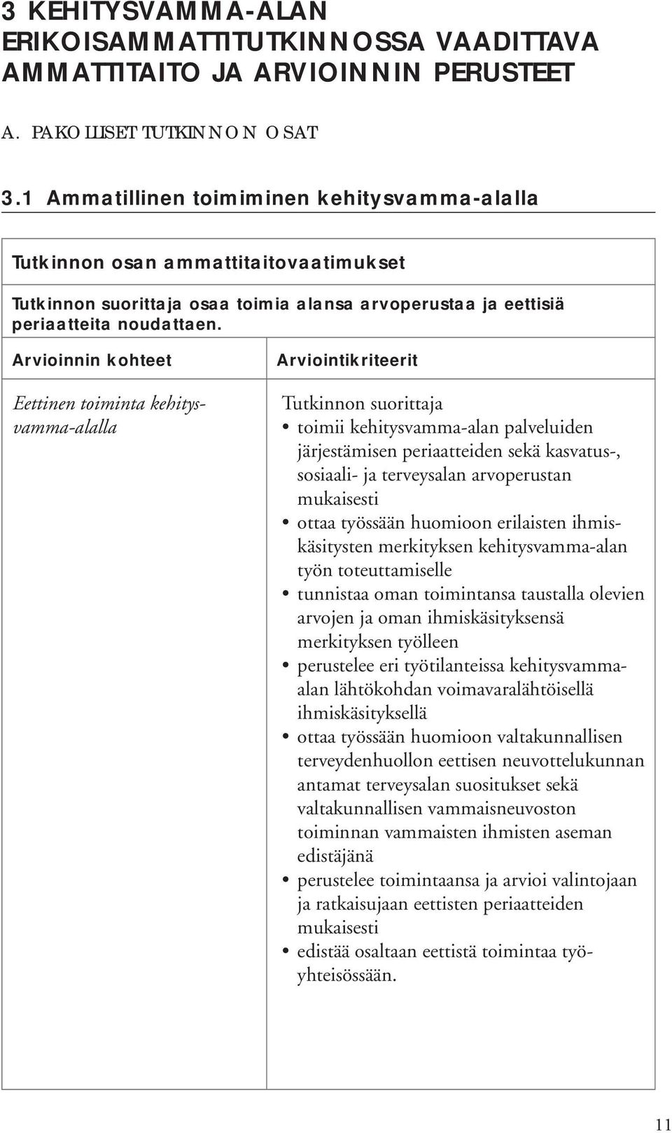 Eettinen toiminta kehitysvamma-alalla toimii kehitysvamma-alan palveluiden järjestämisen periaatteiden sekä kasvatus-, sosiaali- ja terveysalan arvoperustan mukaisesti ottaa työssään huomioon