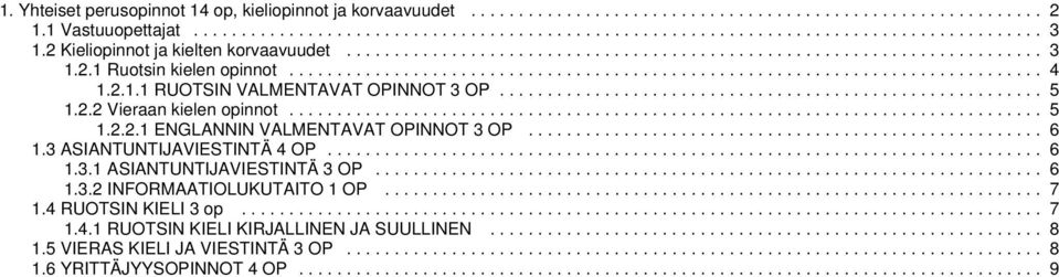 2.1.1 RUOTSIN VALMENTAVAT OPINNOT 3 OP......................................................... 5 1.2.2 Vieraan kielen opinnot............................................................................... 5 1.2.2.1 ENGLANNIN VALMENTAVAT OPINNOT 3 OP.