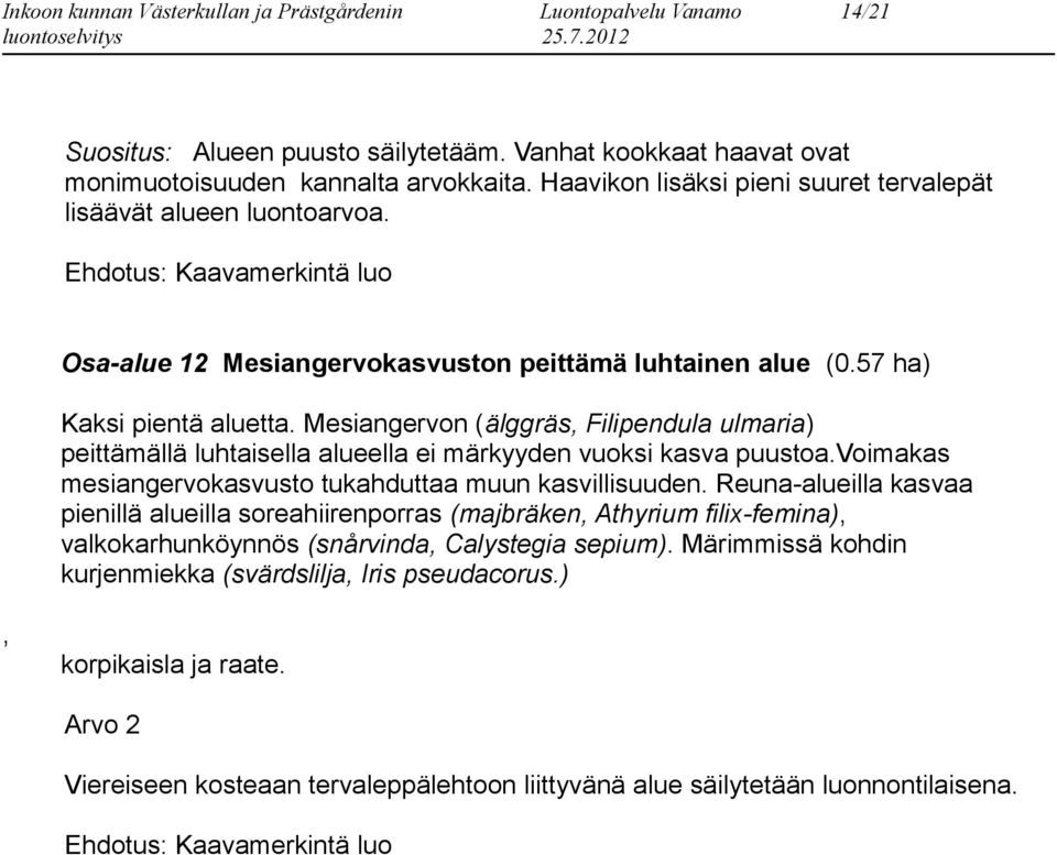 Mesiangervon (älggräs, Filipendula ulmaria) peittämällä luhtaisella alueella ei märkyyden vuoksi kasva puustoa.voimakas mesiangervokasvusto tukahduttaa muun kasvillisuuden.