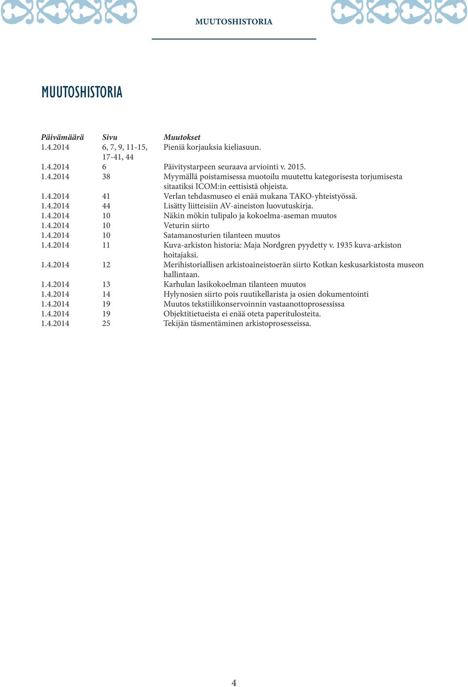 4.2014 10 Satamanosturien tilanteen muutos 1.4.2014 11 Kuva-arkiston historia: Maja Nordgren pyydetty v. 1935 kuva-arkiston hoitajaksi. 1.4.2014 12 Merihistoriallisen arkistoaineistoerän siirto Kotkan keskusarkistosta museon hallintaan.