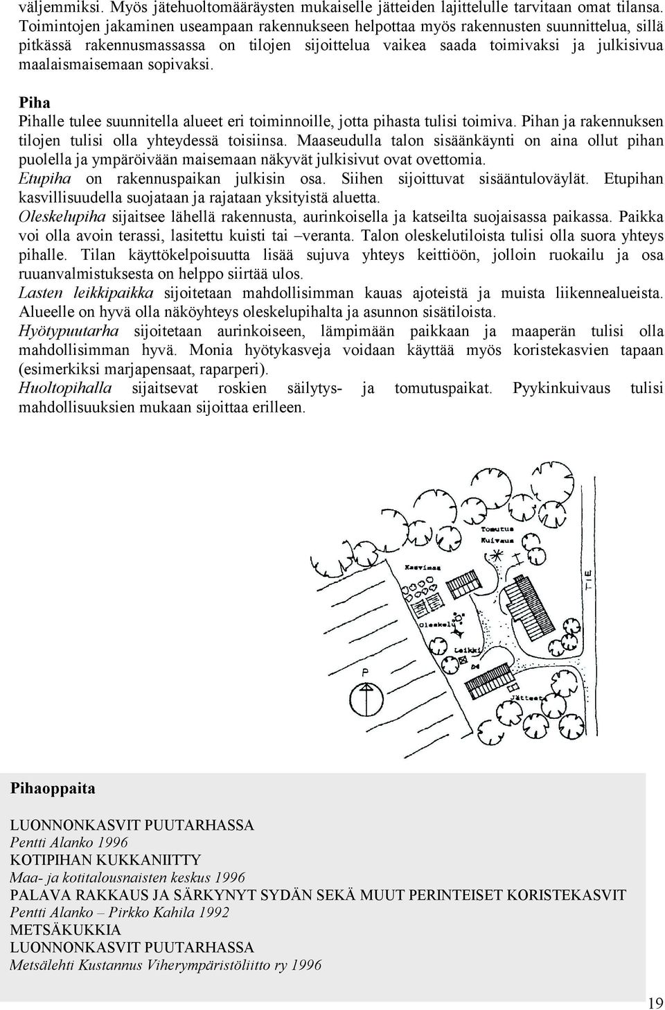 sopivaksi. Piha Pihalle tulee suunnitella alueet eri toiminnoille, jotta pihasta tulisi toimiva. Pihan ja rakennuksen tilojen tulisi olla yhteydessä toisiinsa.