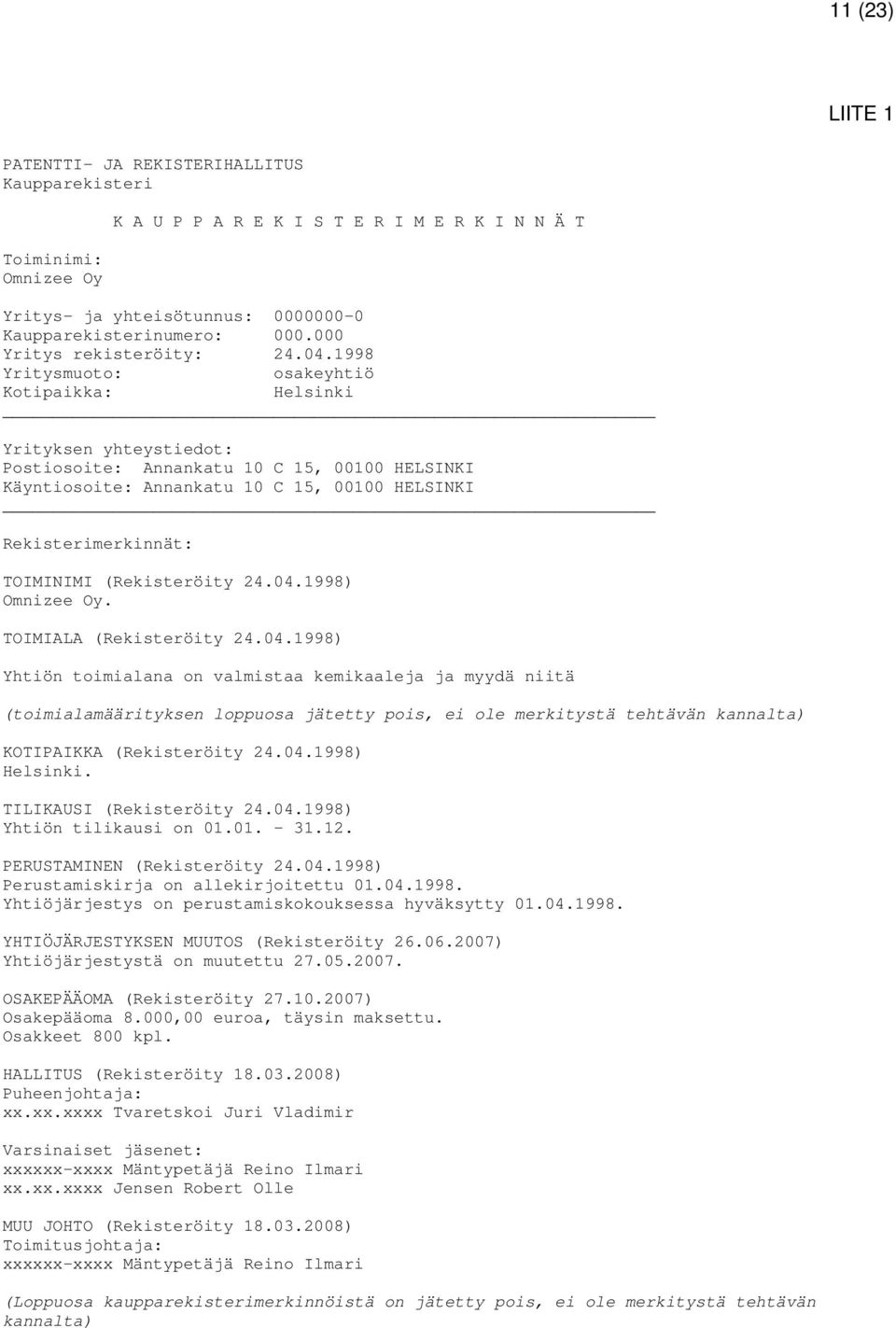 1998 Yritysmuoto: osakeyhtiö Kotipaikka: Helsinki Yrityksen yhteystiedot: Postiosoite: Annankatu 10 C 15, 00100 HELSINKI Käyntiosoite: Annankatu 10 C 15, 00100 HELSINKI Rekisterimerkinnät: TOIMINIMI