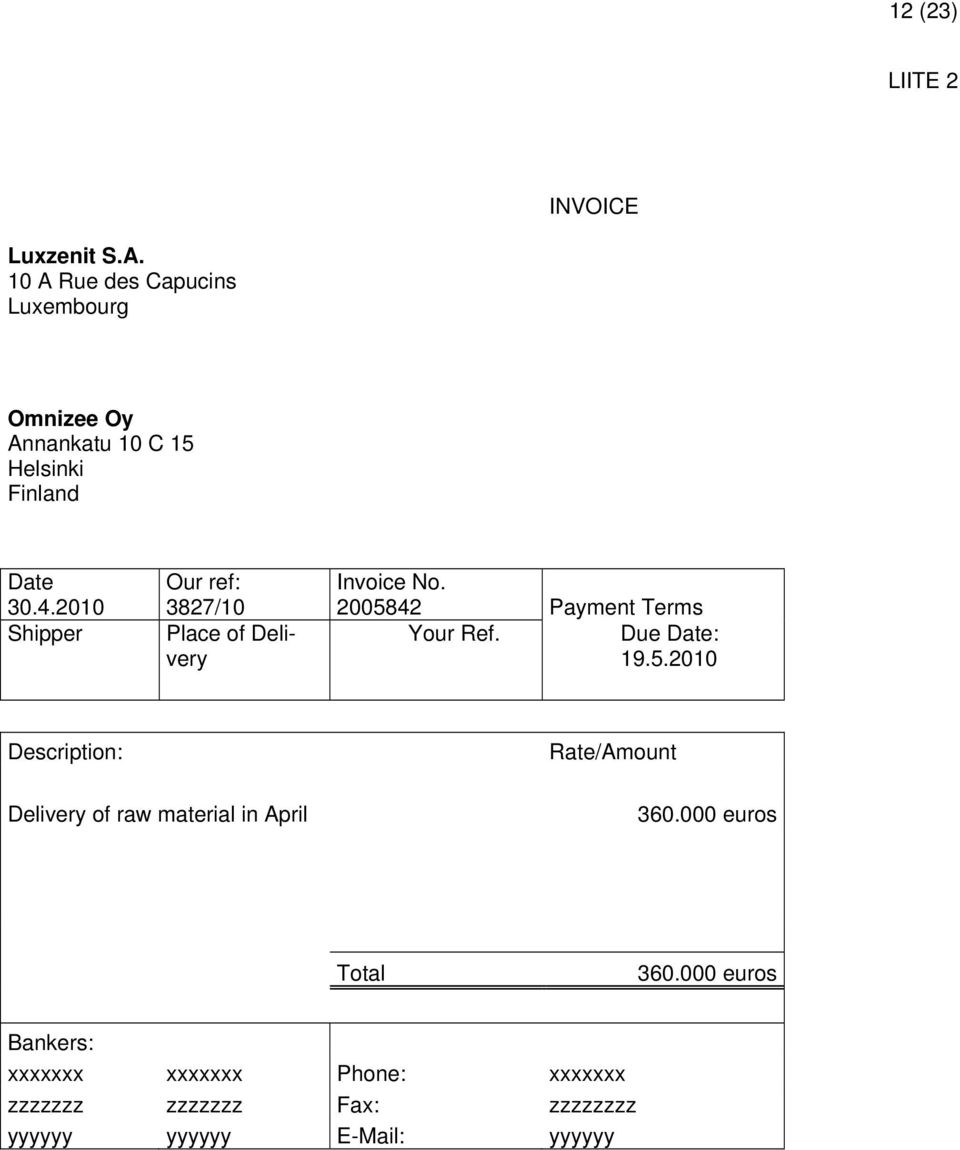 2010 Shipper Our ref: 3827/10 Place of Delivery Invoice No. 20058